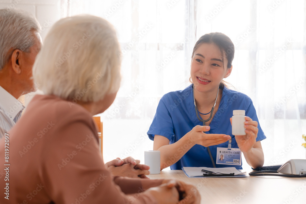 Obraz premium Senior Woman Receives Medical Advice and Treatment from a Doctor in a Hospital: Health Care Professionals Provide Help and Care to Elderly Patients with Insurance in a Clinical Setting