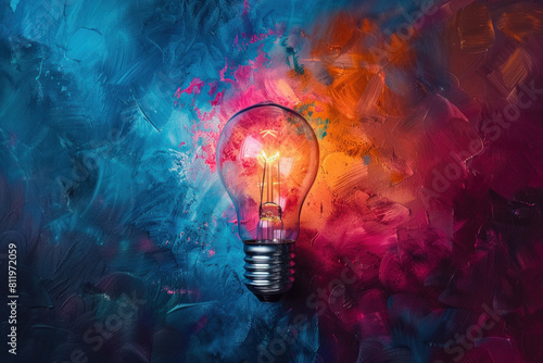 A light bulb is lit up in a colorful background. The light bulb is surrounded by a splash of paint, giving the impression of a creative and artistic scene