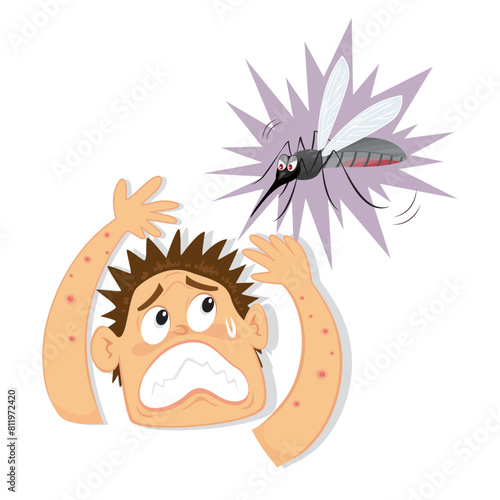Frightened man looking at giant mosquitoes. Illustration, Vector,  Poster, Background or wallpaper.  