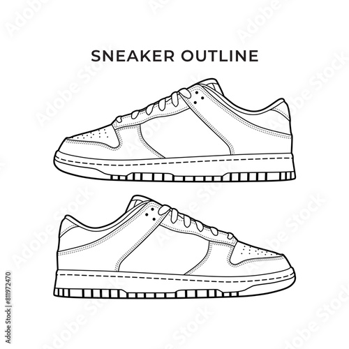 Sneakers shoe white and black color with outline. Sneaker side view flat design concept. Vector icon logo illustration.