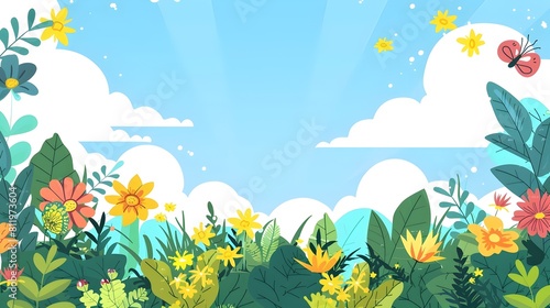 Vibrant Floral Landscape with Blooming Flowers and Lush Green Foliage Under a Bright Cloudless Sky description This image depicts a beautiful vibrant