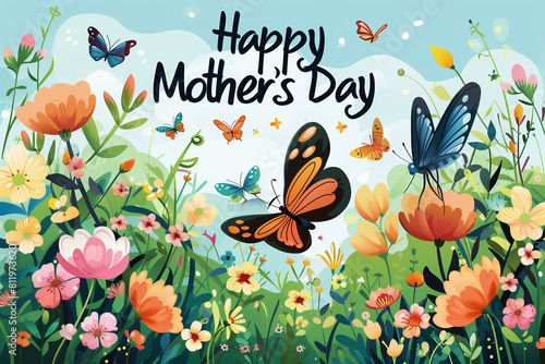 Happy Mother s Day  Vector Illustration of a Garden with Butterflies