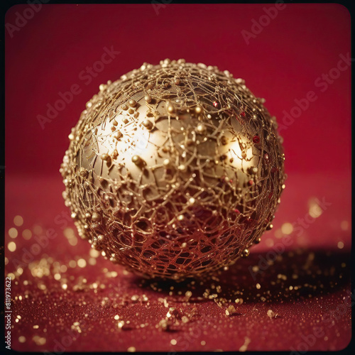 Abstract 3d render of golden sphere with confetti on red background