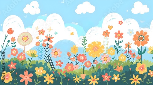 Vibrant Floral Meadow with Blooming Wildflowers and Lush Green Foliage Under a Sunny Sky