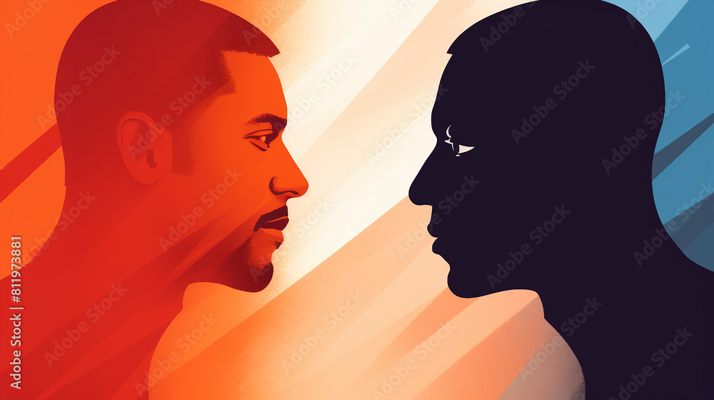 Diverse Racial Equality Poster: African American & Caucasian Silhouettes Unite, Symbolizing Social Justice & Unity | Multiethnic People Concept with Copy Space