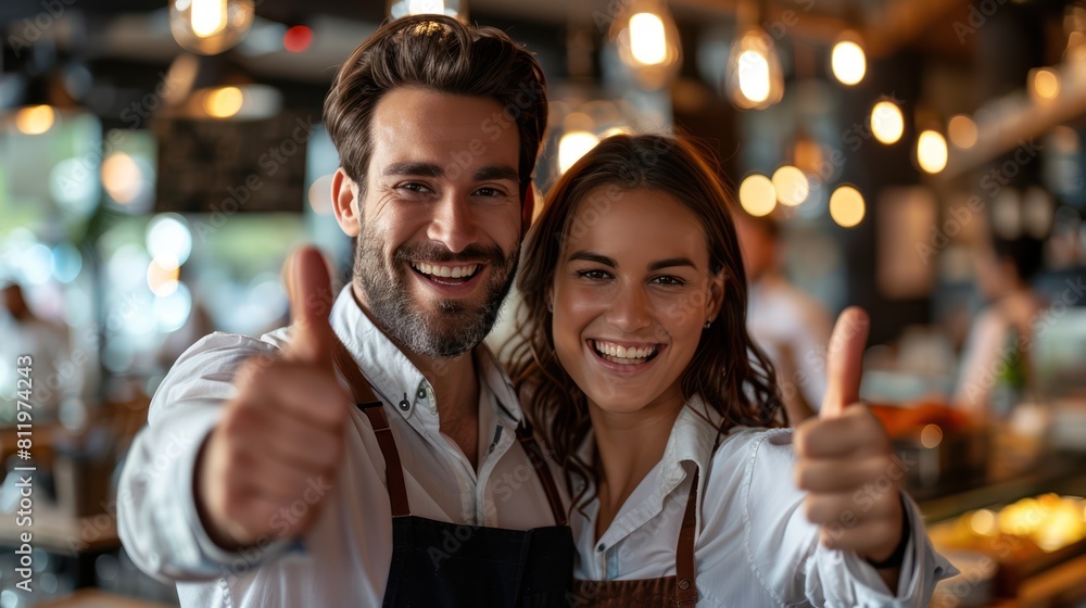 Happy Small Business Owners in Formalwear Showing Thumbs Up at Restaurant