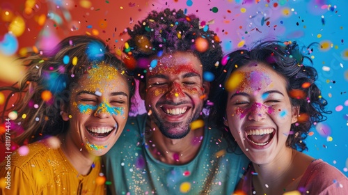 Triumphant Trio: Celebrating Diversity with Confetti on Multicolored Backgrounds - Winners Embrace Human Emotions and Expressions