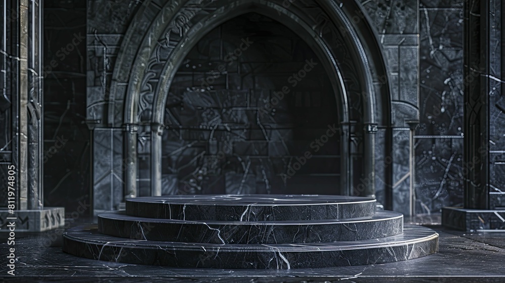 Elegant and mysterious, the Gothic Black Marble Podium stands against a backdrop of a Dark Castle Interior, perfect for showcasing luxury gothic fashion.