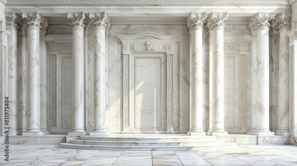 Obraz premium A museum-worthy display featuring a sculptural stone podium in the forefront, set against a classical sculpture court backdrop.