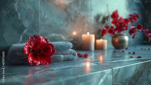 A luxurious spa composition with a single red flower, a candle emitting a soft glow, a folded towel, and the Holy Quran positioned on a pristine marble background photo