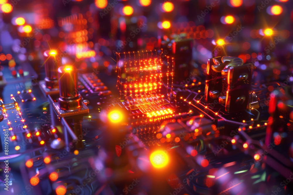 A computer circuit board with a cube in the middle of it A computer circuit board with a cube in the middle of it