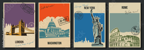 USA, United Kingdom, Italy Showplaces Postcard Set. Capitol, Statue of Freedom, Colosseum, Tower Bridge Greeting Cards. Stamp imprints, Handwriting Wishes, Vintage Colors