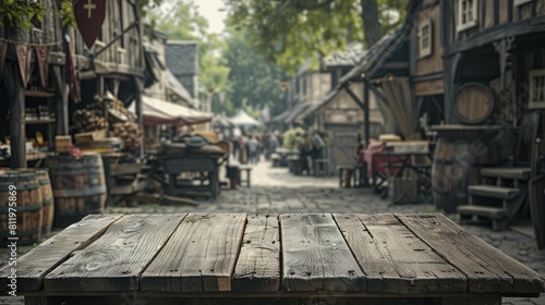 Capture the essence of history at the Renaissance Fair Wooden Podium, set against a bustling Medieval Market Background, perfect for vintage attire enthusiasts. photo