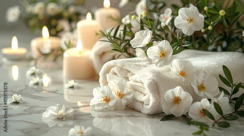 A luxurious spa composition featuring delicate white flowers  glowing candles  and a pristine towel arranged elegantly on a backdrop of clean marble textures  with the Holy Quran providing spiritual