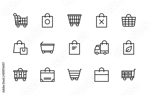 Shopping bag and basket vector linear icons set. Collection contains such icons as order, shopping cart, food delivery and more.