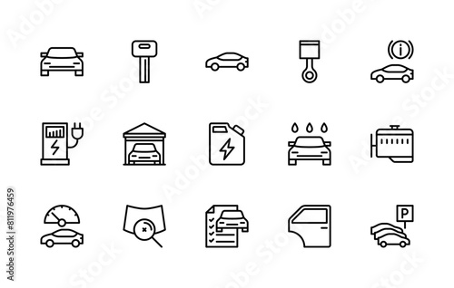 Automobile vector linear icons set. Collection contains such icons as car key, piston, stop signal, electric refueling and more.