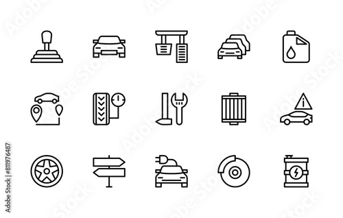 Automobile vector linear icons set. Collection contains such icons as Transmission, car number, pedals, car showroom and more.