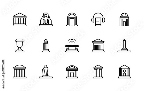 Museum vector linear icons set. Collection contains such icons as exhibition, gallery, audio guide, statues and more.