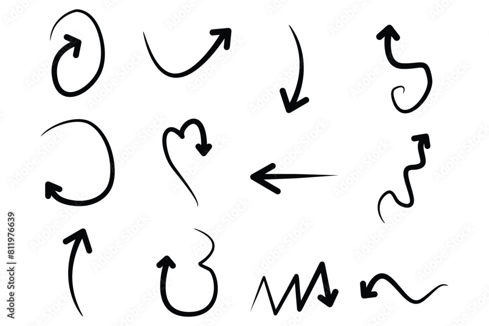 Hand drawn arrow Shape Curved Lines Set. Hand drawn arrow Shape Curved Lines Set.