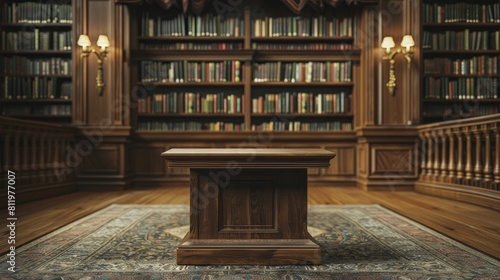 Enhance your academic space with a timeless Traditional Oak Wood Podium set against a Classic Study Background, perfect for scholarly works. photo