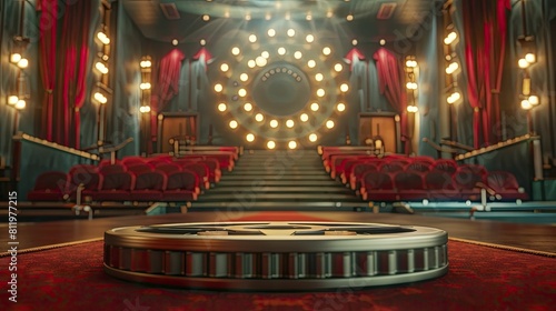 Vintage Film Reel Podium, front view focus, with a Classic Cinema Lobby Background, ideal for movie premiere events. © Manyapha