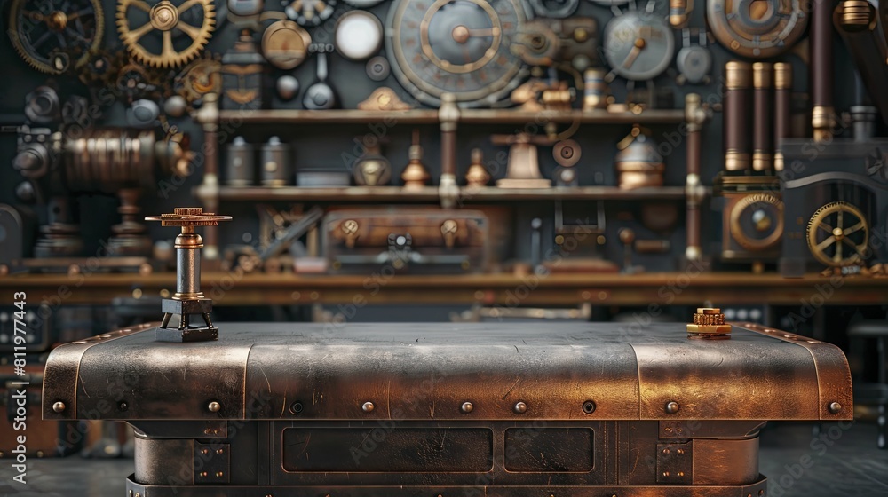 A mesmerizing Steampunk Copper Podium stands out against a backdrop of a Victorian Inventor's Workshop, perfect for showcasing vintage gadgets.