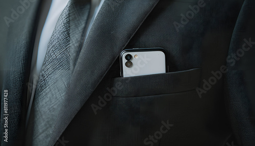 Black smartphone with white screen in men suit pocket close up