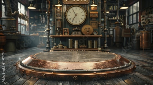 Step onto the Steampunk Copper Podium and marvel at the intricate vintage gadget displays against a Victorian Inventor's Workshop backdrop.