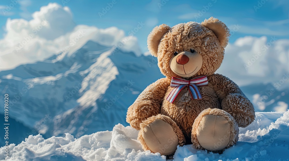 a smiling giant huge enormous teddy bear with a bow sitting on a snow covered mountain a smiling giant huge enormous teddy bear with a bow sitting on a snow covered mountain