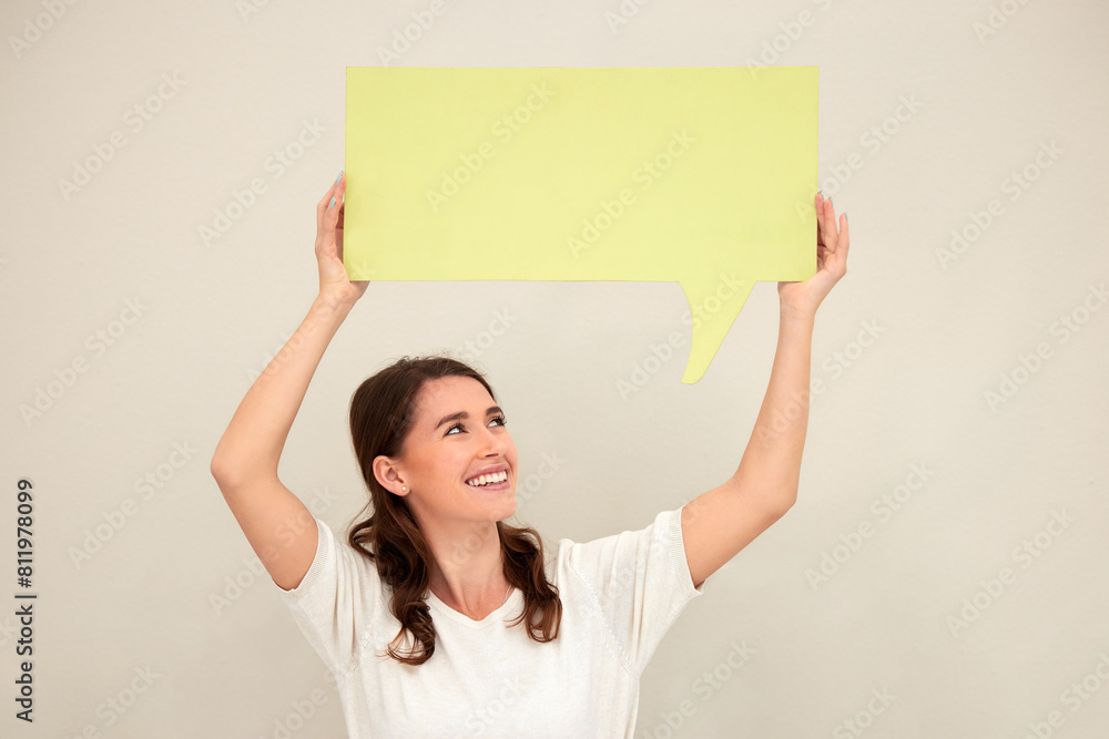 Woman, poster and happy in studio for promotion with mockup space for advertising, marketing and knowledge. Female person, sign board and presentation with instructions, information to promote deal Woman, poster and happy in studio for promotion with mockup space for advertising, marketing and knowledge. Female person, sign board and presentation with instructions, information to promote deal