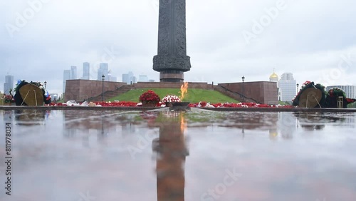 Eternal Flame on Poklonnaya Hill in Moscow, Russia. May rainy day.