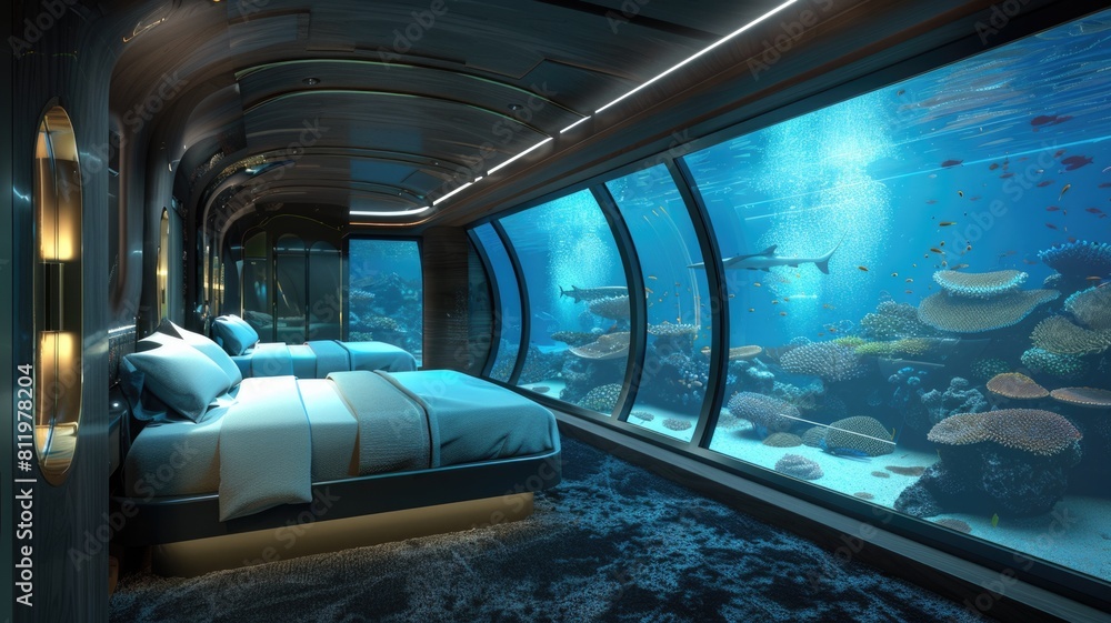 Obraz premium underwater hotel room with sleeping pods that offer breathtaking views of marine life,