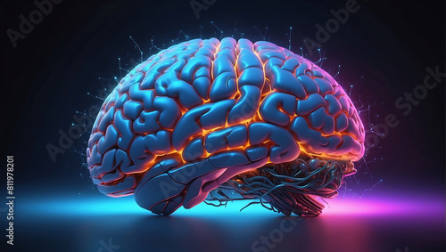 A image of a 3d rendered illustration of a electronic metal human brain with neon growing lightning 