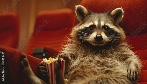 A raccoon sitting in a movie theater with a big bag of popcorn watching interesting movies