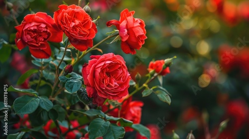 Close up of beautiful red roses with vibrant green leaves in the background