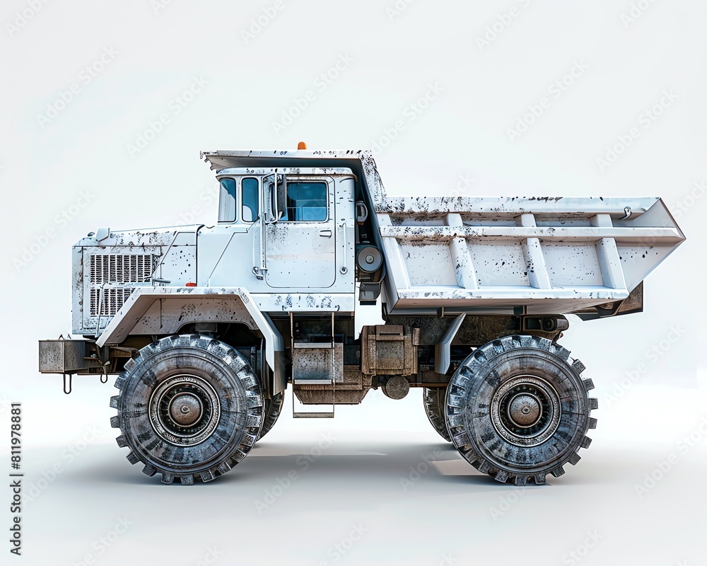 Dump truck with a mirror image effect, creating a surreal symmetrical view that emphasizes the balance and power of its construction, on white Dump truck with a mirror image effect, creating a surreal symmetrical view that emphasizes the balance and power of its construction, on white