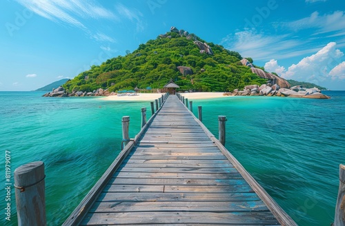 Wooden pier leads to an island with clear blue water and lush greenery  © Cetin