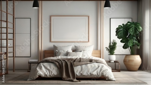Mock-Up of Stylish Living Room with Modern Furniture and Blank Canvas Frame on White Wall Texture Render Suitable for Buildings and Architecture Interior Design