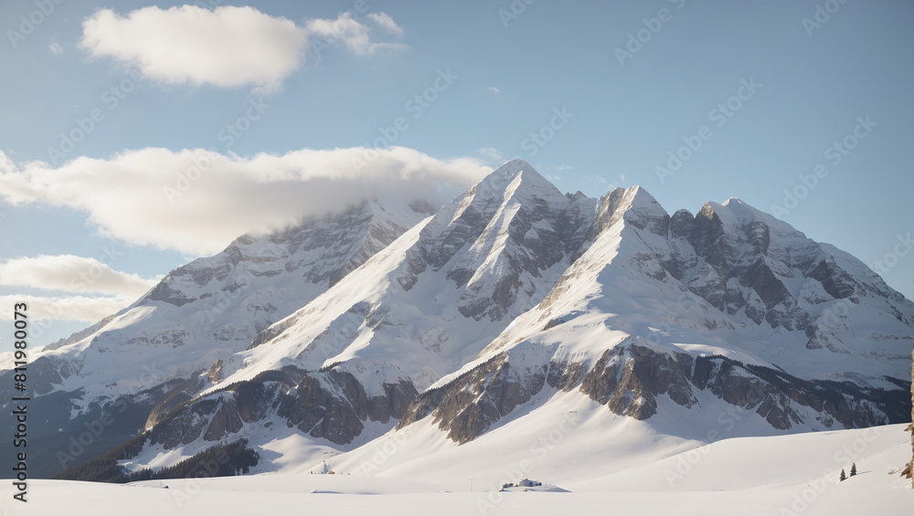 snow-capped mountain peaks in the distance with a snowy slope in the foreground