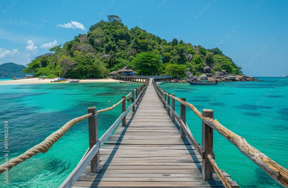 Wooden pier leads to an island with clear blue water and lush greenery 