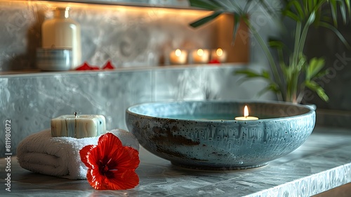A tranquil spa arrangement with a red flower floating in a bowl of water, a candle providing soft illumination, a plush towel, and the Holy Quran placed on a sleek marble surface