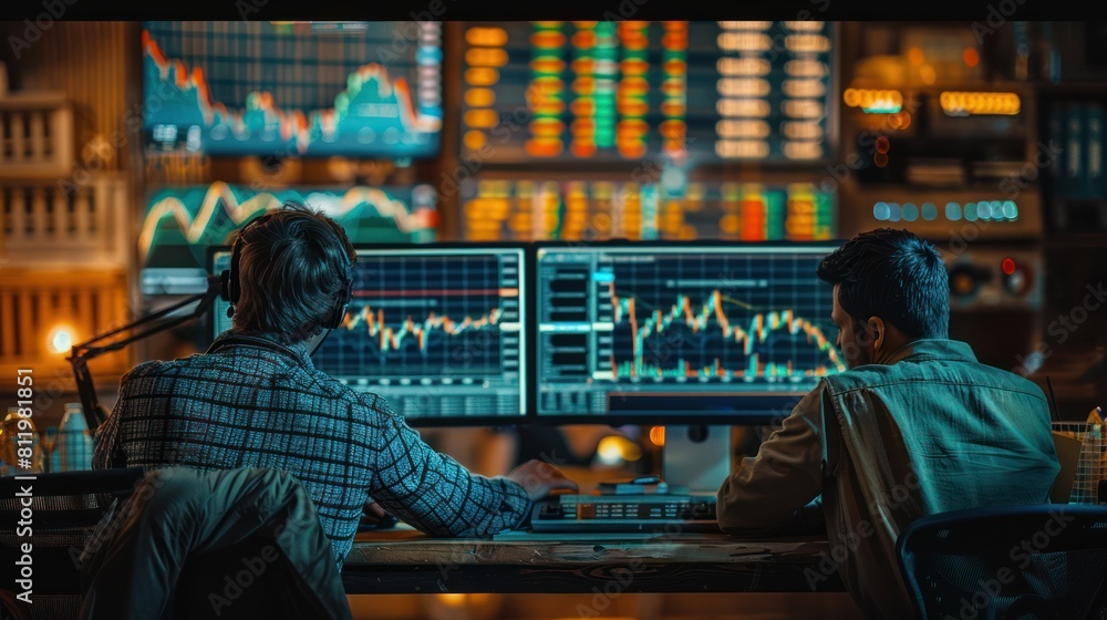 Rear View of Crypto Traders Analyzing Stock Exchange Market on Multi-Monitor Displays in Office