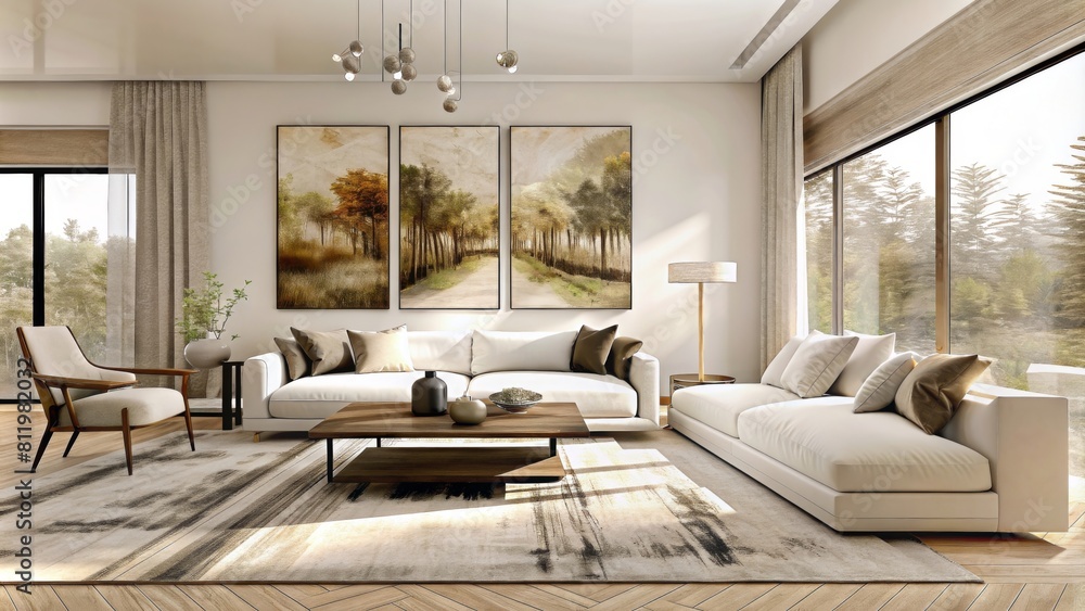 modern living room with large painting on wall, wood floor and modern furniture, wide angle shot, neutral colors, large window with view of trees, large coffee table in center of the space, modern living room with large painting on wall, wood floor and modern furniture, wide angle shot, neutral colors, large window with view of trees, large coffee table in center of the space,