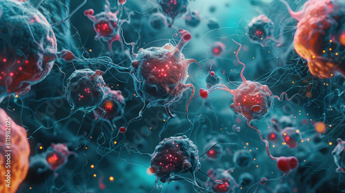 A close up of a bunch of red and blue cells. The cells are very small and are scattered throughout the image. Scene is somewhat eerie and unsettling, as the cells seem to be floating around aimlessly