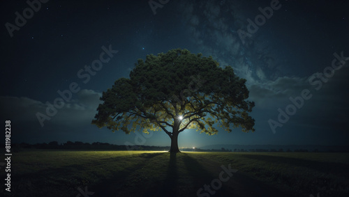 large tree with a full green canopy in night