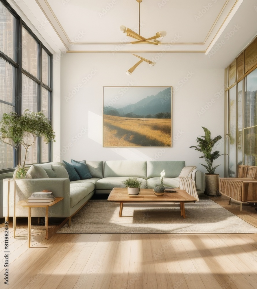 Fototapeta premium modern living room with large painting on wall, wood floor and modern furniture, wide angle shot, neutral colors, large window with view of trees, large coffee table in center of the space, 