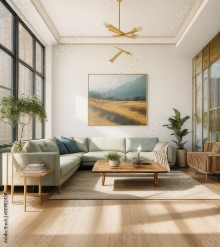 modern living room with large painting on wall  wood floor and modern furniture  wide angle shot  neutral colors  large window with view of trees  large coffee table in center of the space  