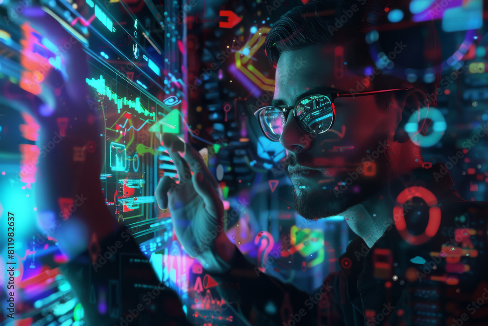 A man wearing glasses is looking at a screen with a display of numbers and graphs A man wearing glasses is looking at a screen with a display of numbers and graphs
