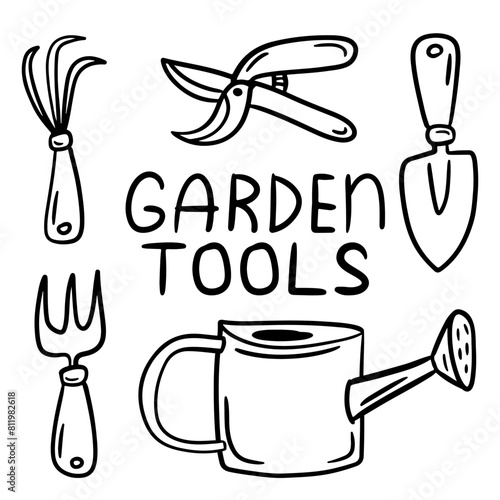 Set of hand drawn doodle gardening tools accessories. Vector illustration isolated on white. 