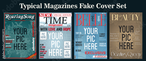 Typical Magazines Fake Cover Set. Color Magazines First Page Backgrounds. Musical, Political, Fashion, Beauty Editions